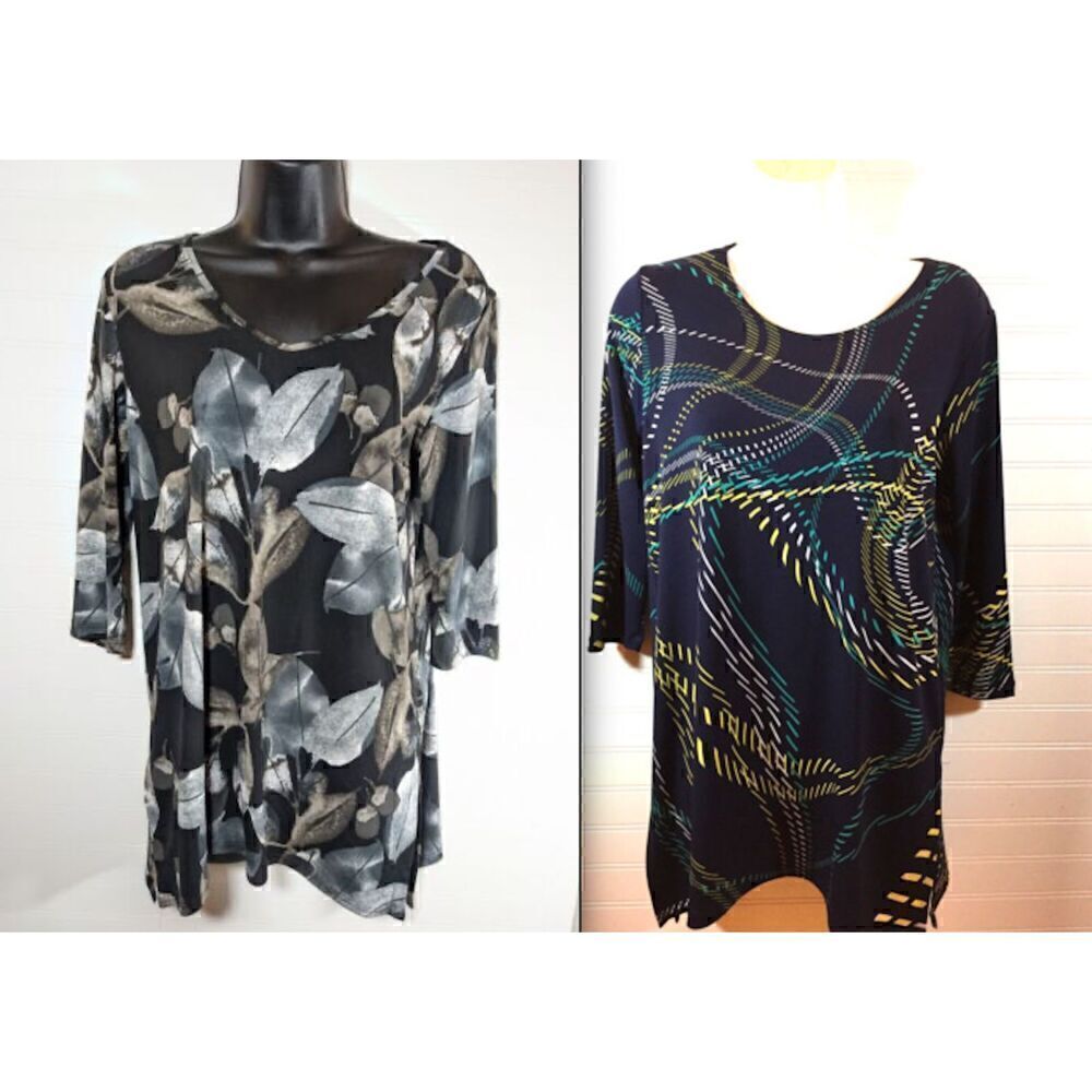 SET (2) Clara Sun Woo Sz XS Tunics Floral Lines Black Blue 3/4 Length Sleeve